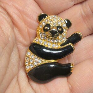 Panda Bear Brooch Rhinestone Enamel Gold Tone Cute Panda Pin 1.5 inches